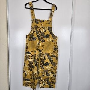 Mothorigin Dungarees Leaf Print Yellow Floral Farmer‎ Overalls Art To Wear Sz L